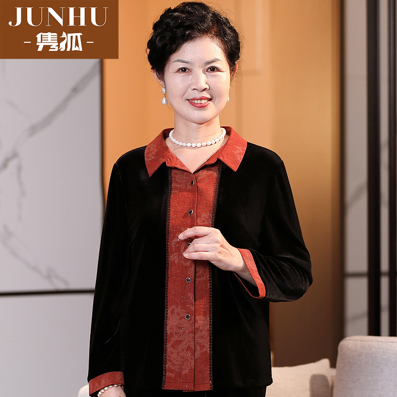 中老年女国风衬衫秋季新款妈妈装金丝绒宽松老人奶奶太太秋装上衣