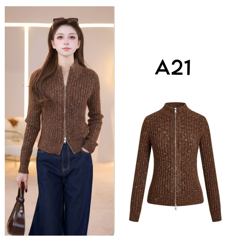 A21女装花咖啡修身显瘦毛针织衫2025冬新款简约立领长袖开衫上衣