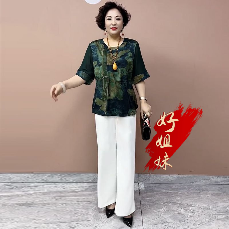 H夏季新款妈妈装桑蚕丝小衫复古盘扣上衣女七分袖妈妈款洋气高贵