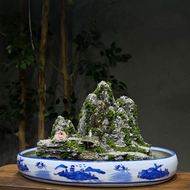 中式复古风格玉泉山桌面博古架书房茶桌流水假山微景观青花瓷一套