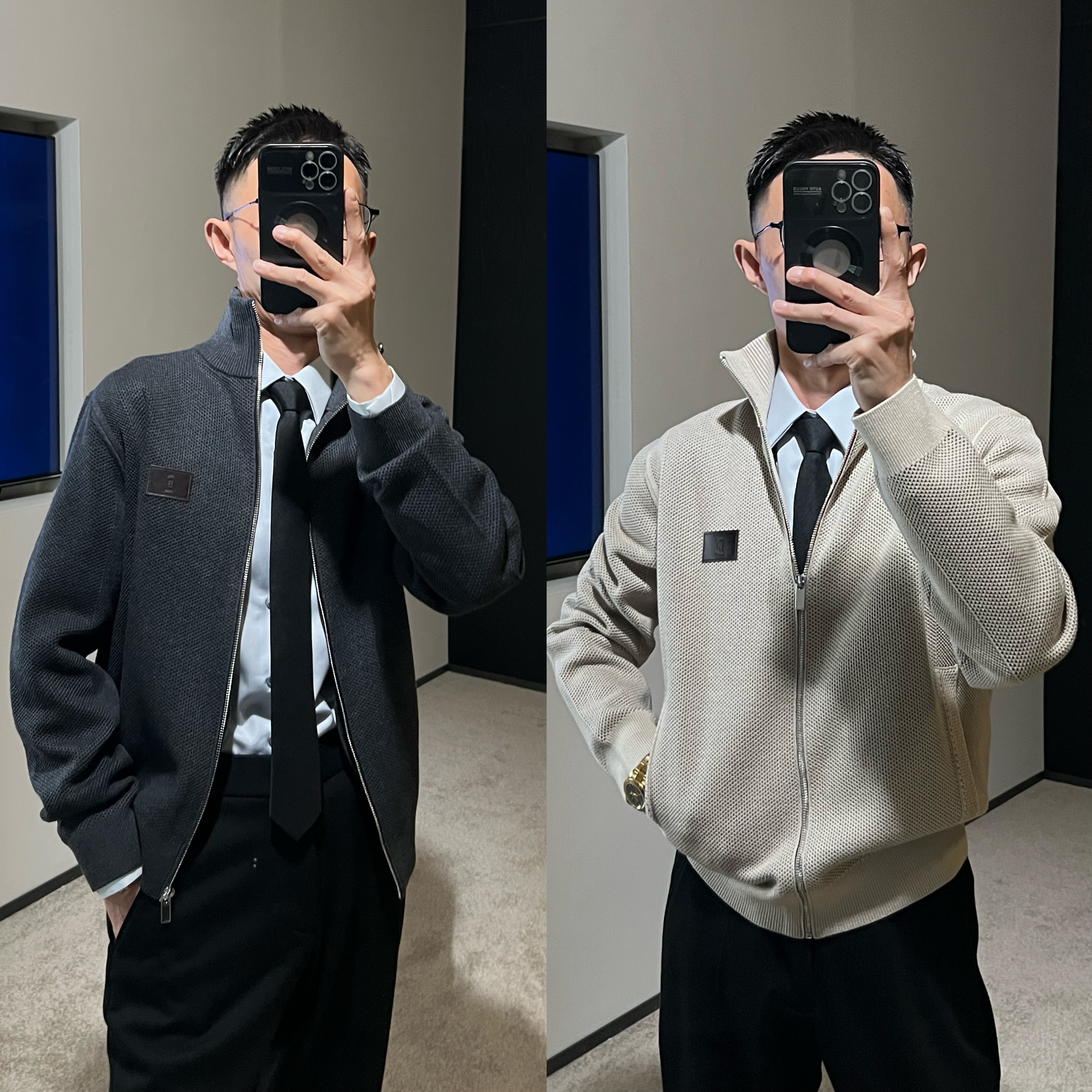 【嵿奢】BU*T秋冬 935克桑蚕丝绵羊毛混纺立领针织开衫毛衣夹克男士