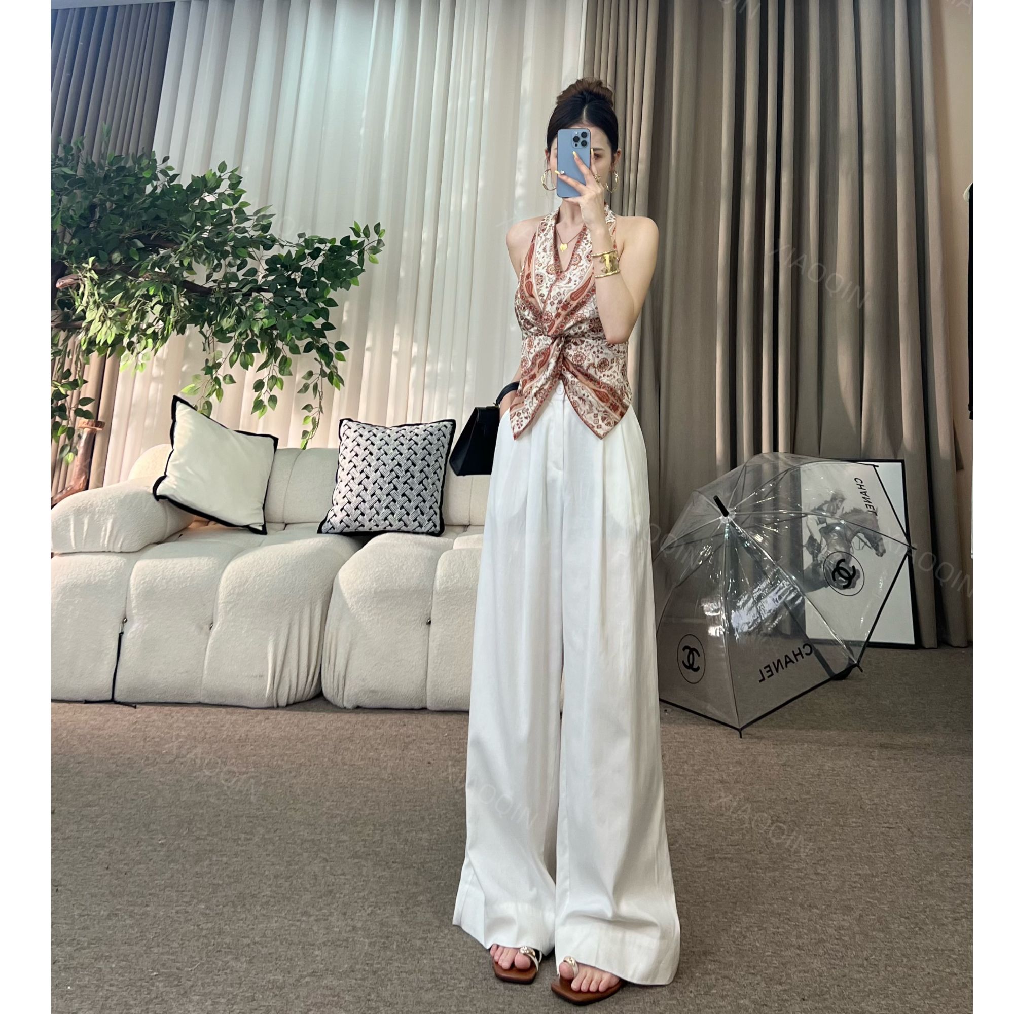  XIAOQIN【微风花语】夏季V领扭结花色挂脖上衣直筒阔腿裤T012