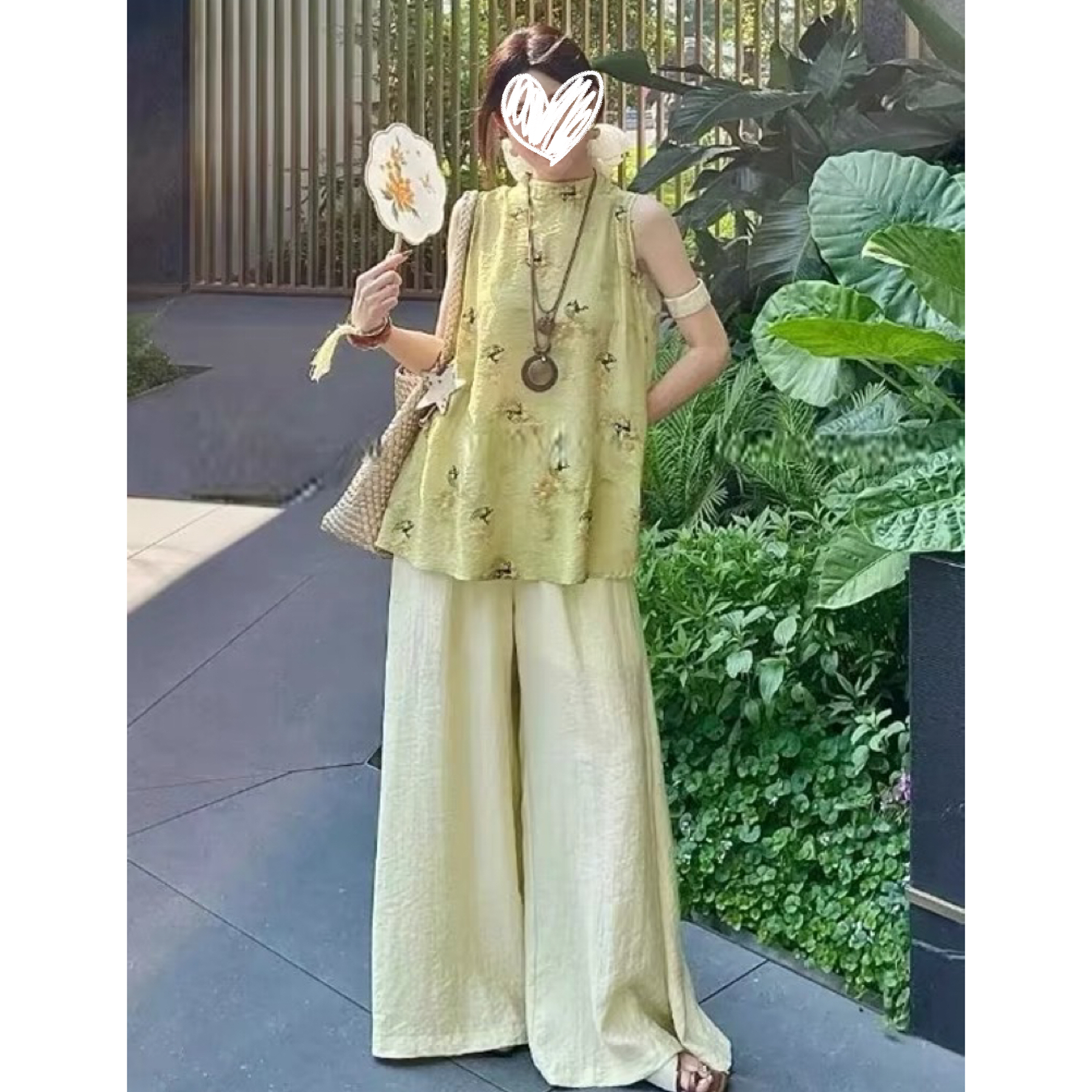 ③夏季新款小唐人古风气质无袖上衣加高腰松紧裤套装9120#A