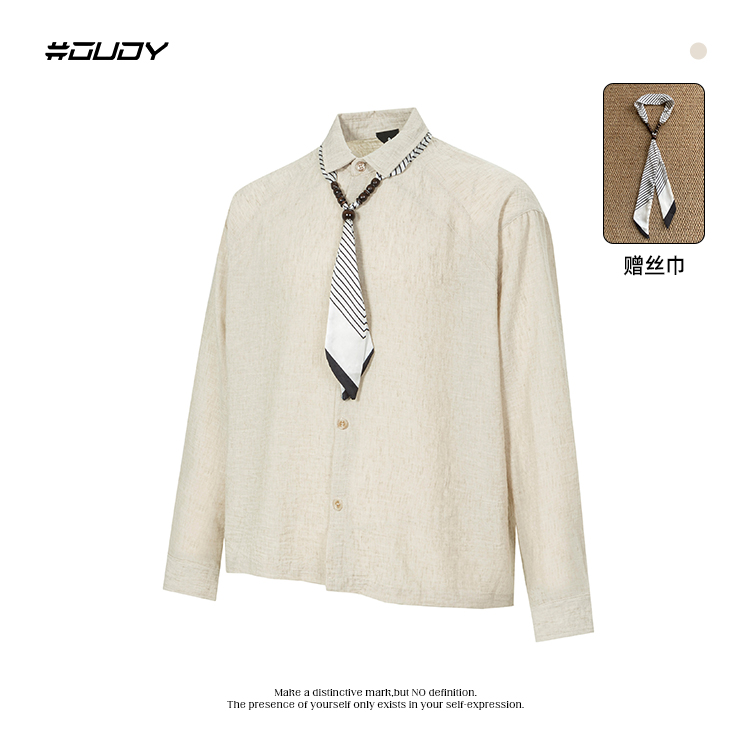 #OVDY炸28秋季黄金搭配丝巾拼接老钱风开衫肌理感亚麻料长袖衬衫
