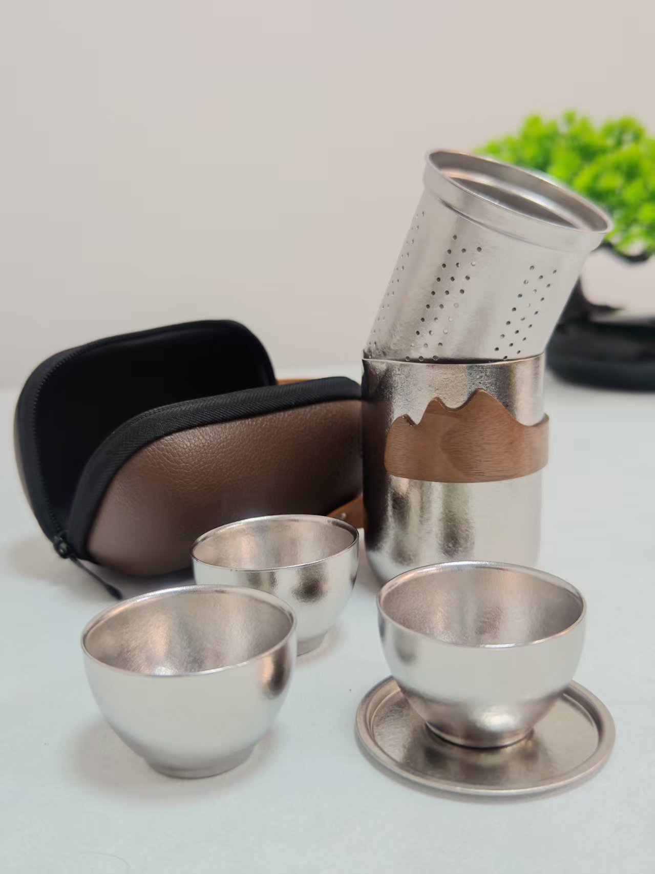 纯钛便捷茶具，旅行路上的茶香，便捷皮套，旅行出差泡茶首选
