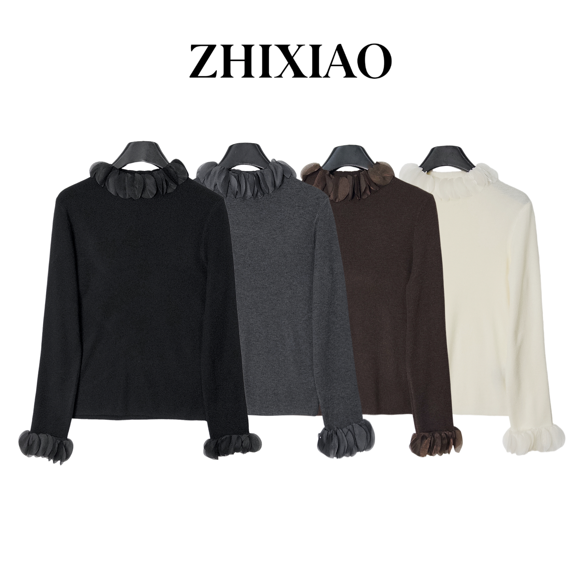 【ZHIXIAO】秋冬新款：花边拼接羊毛长袖上衣8950