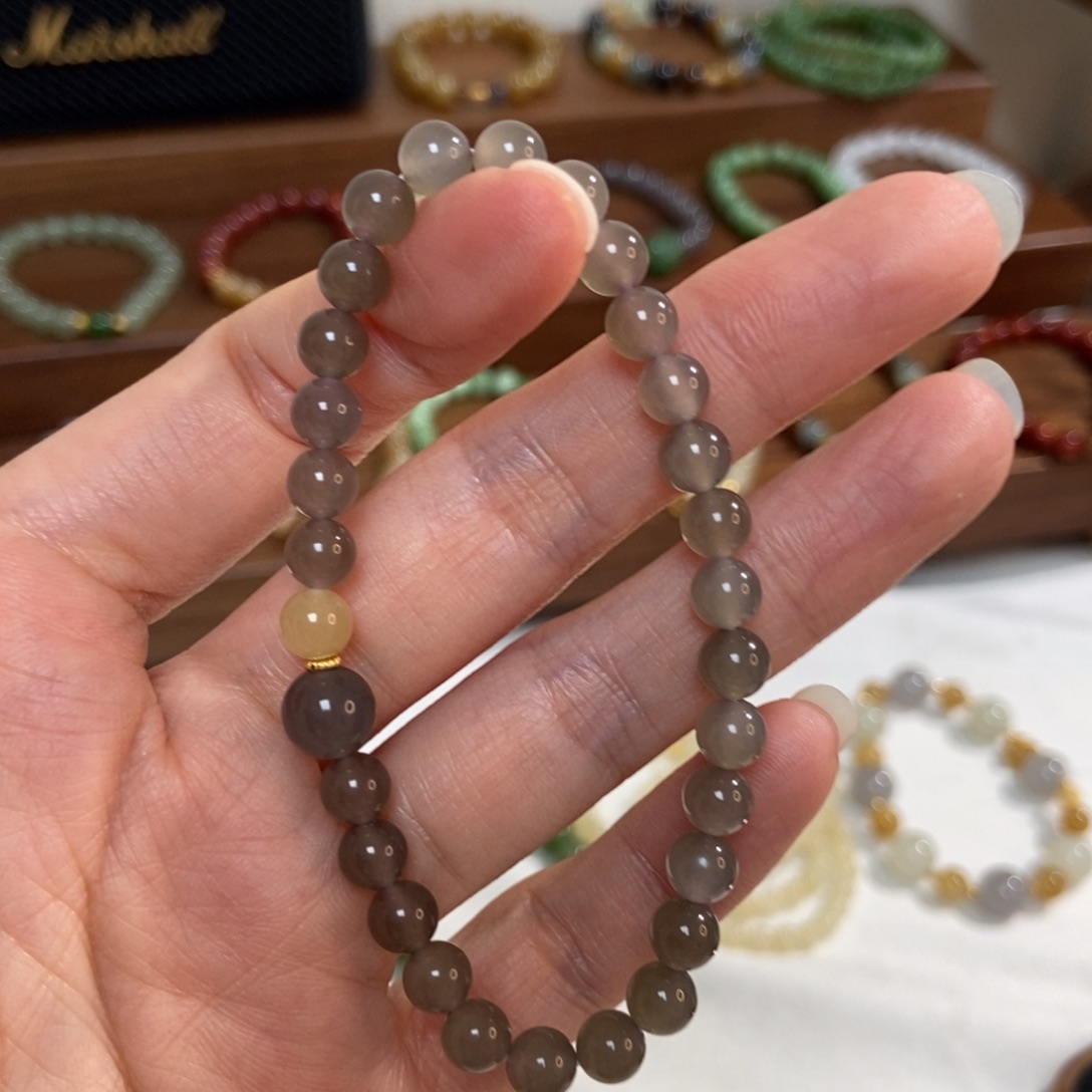 和田玉银S925镶嵌手链福利6mm冰烟灰