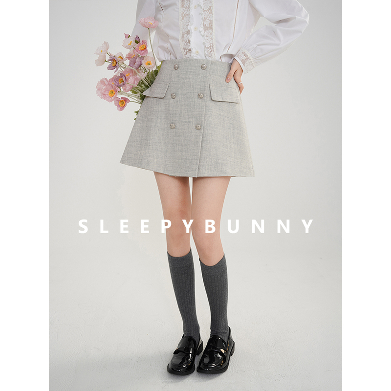 Y瞌睡兔【清苍】灰色双排扣短裙女春秋季气质高腰显瘦a字裙230364