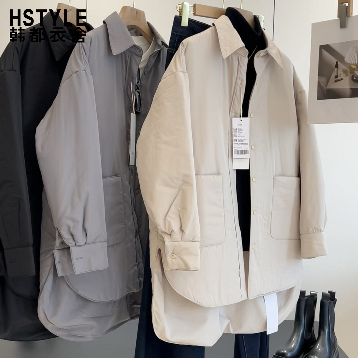 翻领排扣前短后长竖口袋夹棉衬衫外套女休闲宽松加厚棉服