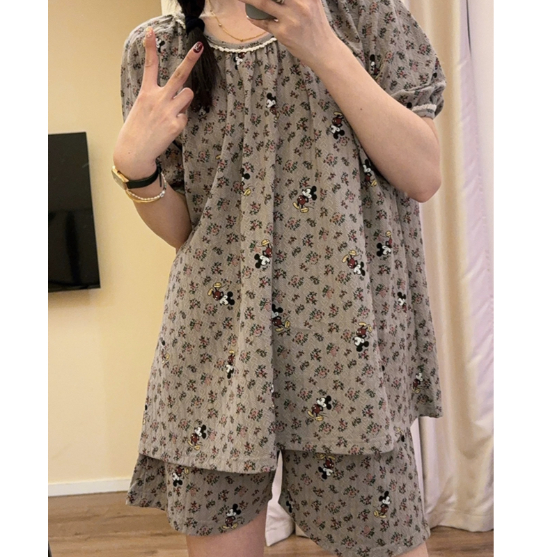 睡衣女夏款纯棉短袖短裤休闲可外穿家居服套装（花边米奇短裤）