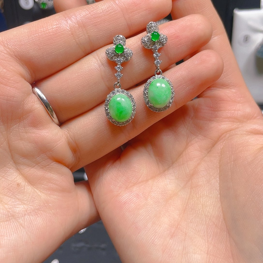 翡翠戒指银S925镶嵌拇**桃耳钉