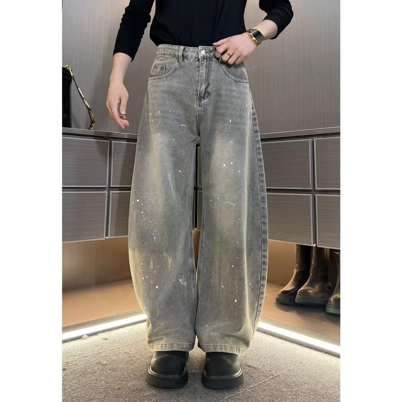 裤子7622男士高品质高级感烟灰色泼墨弯刀牛仔裤