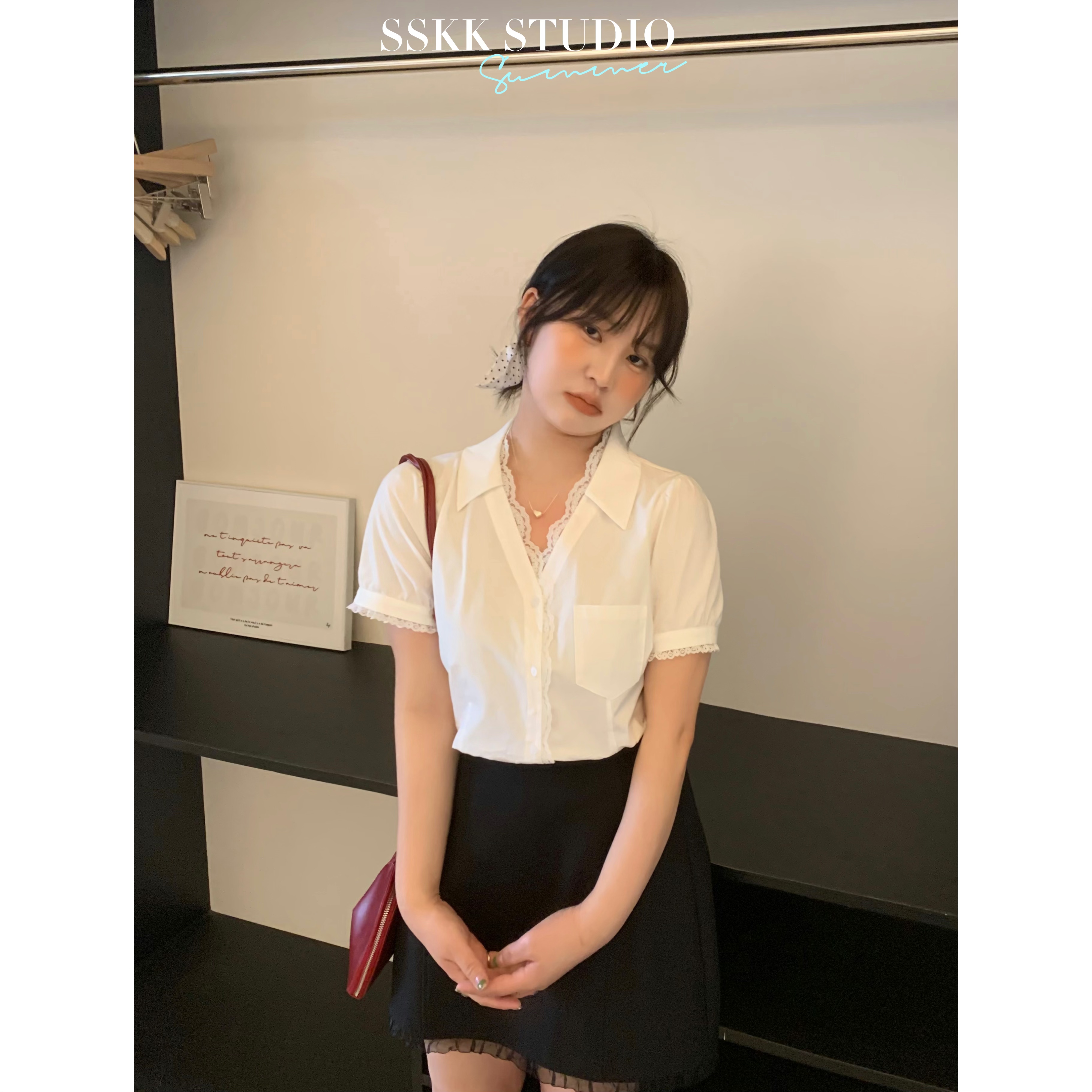 KMZY/KMZY山_山【时髦感】微胖女装韩版白色蕾丝拼接领收腰百搭衬衫