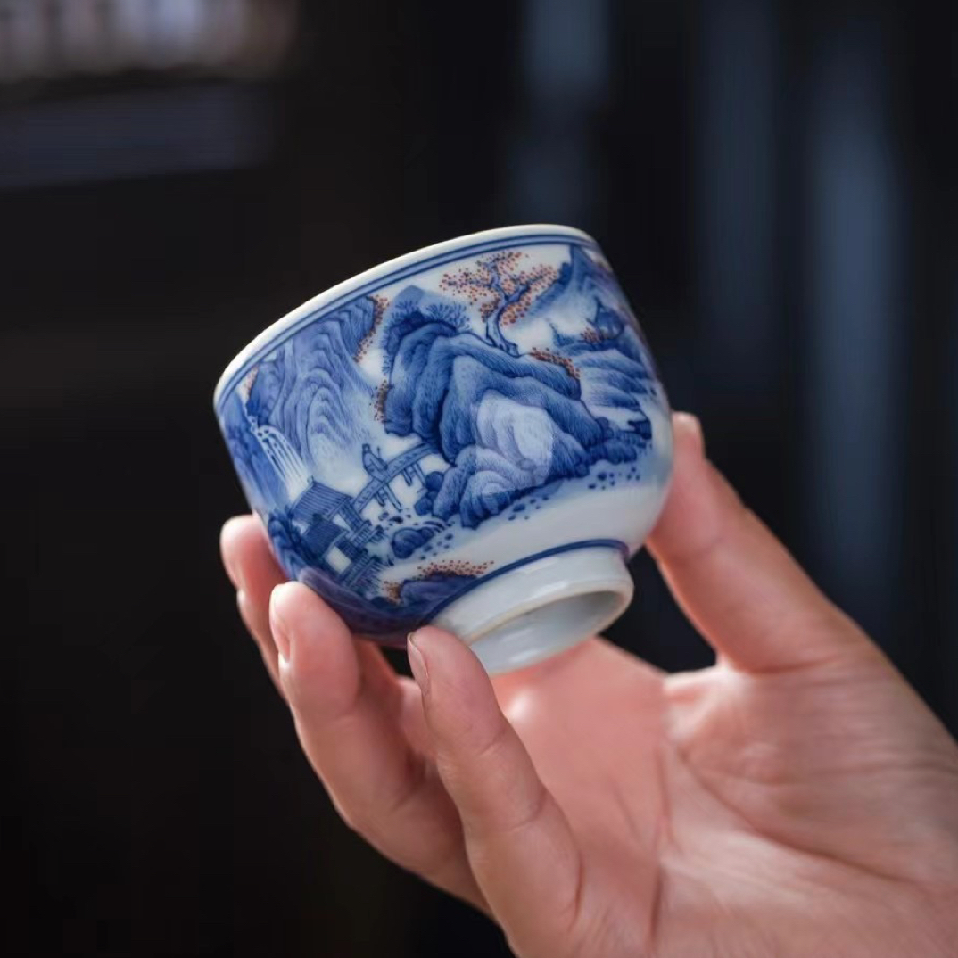 熙工坊 陶瓷手绘主人杯 青花山水 全手工 景德镇高温瓷
