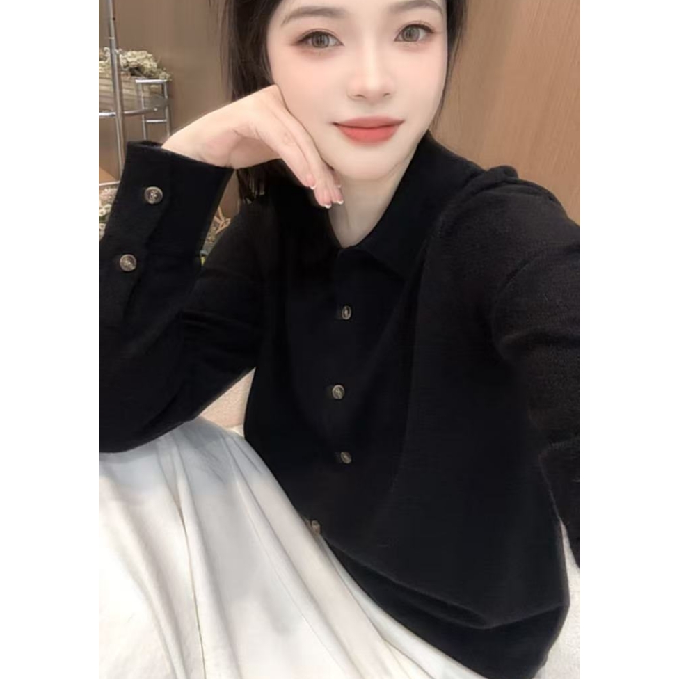 丽姐家~黑衬衫气质长袖网红时尚百搭黑色翻领秋冬