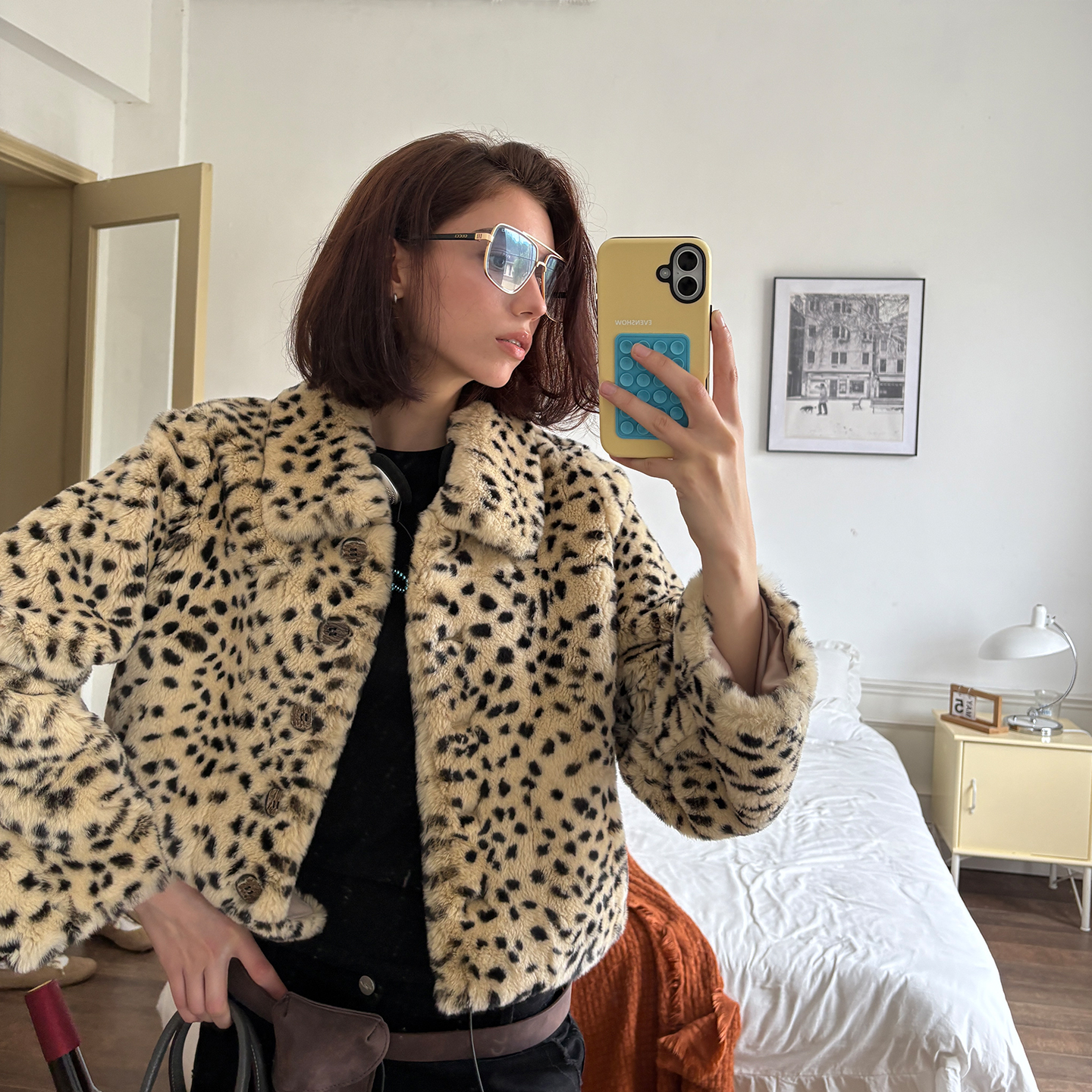 北麋超绝豹纹兔毛翻领皮草外套女短款 年轻款高级感秋冬毛毛大衣