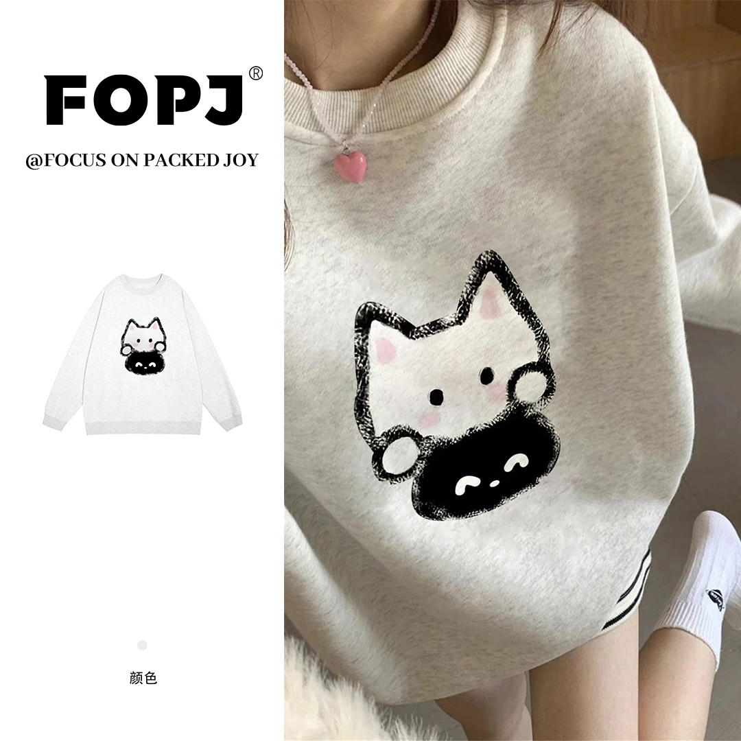 FOPJ韩系kitty印花加厚圆领卫衣女秋冬新款学院风时尚设计感上衣