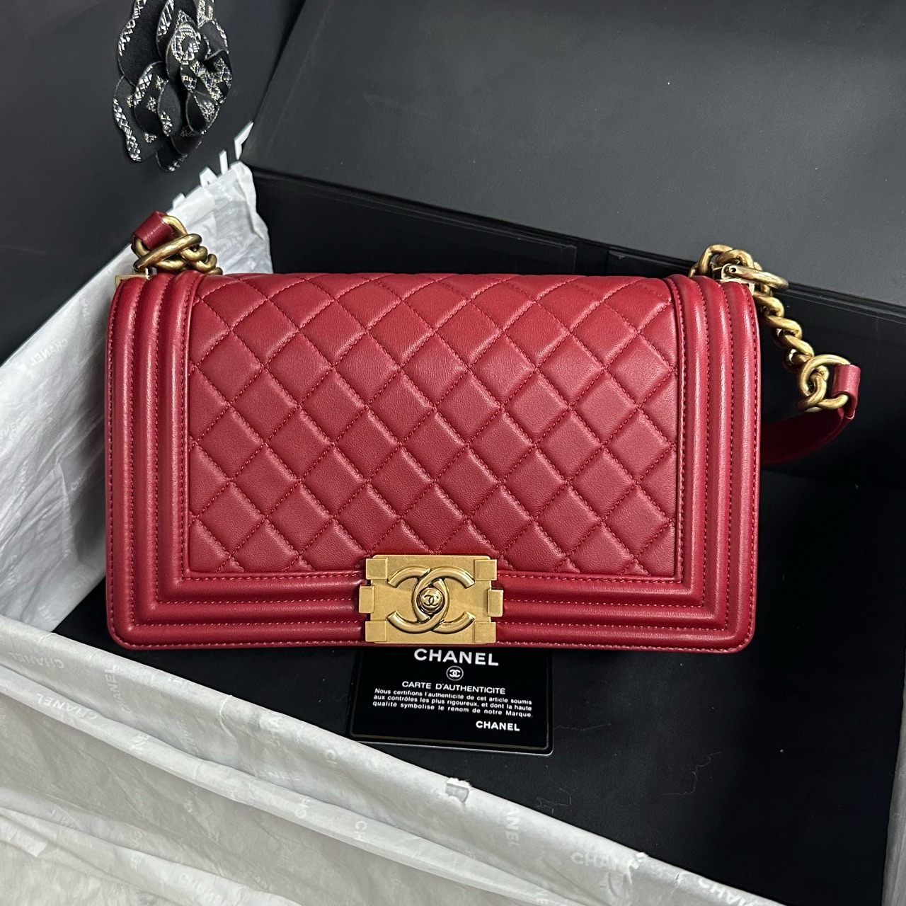 99新 Chanel/香奈儿  leboy 中号 酒红色 （5432）