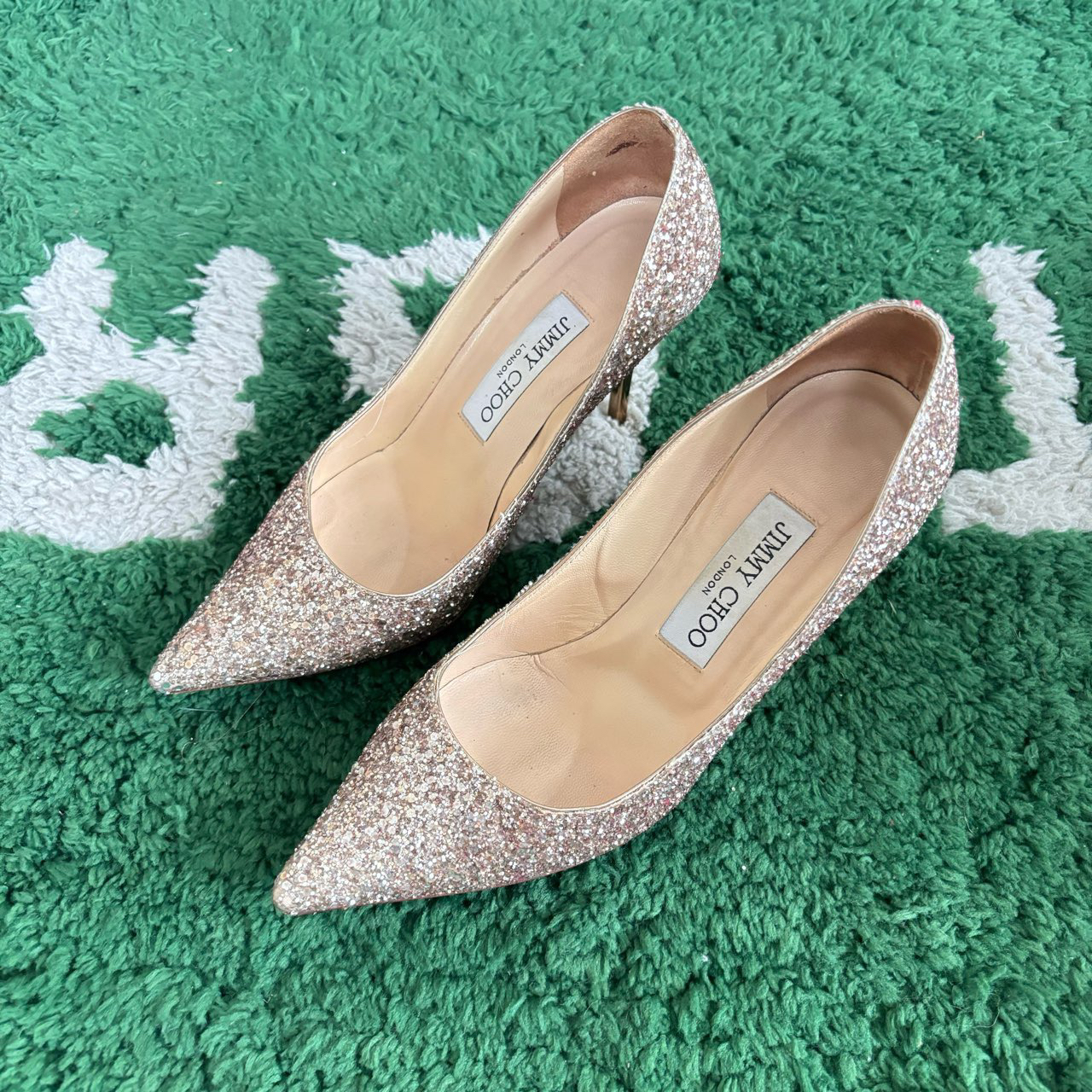 95新 JIMMY CHOO/吉米周 满钻白粉亮片高跟鞋 35码 ylp1131