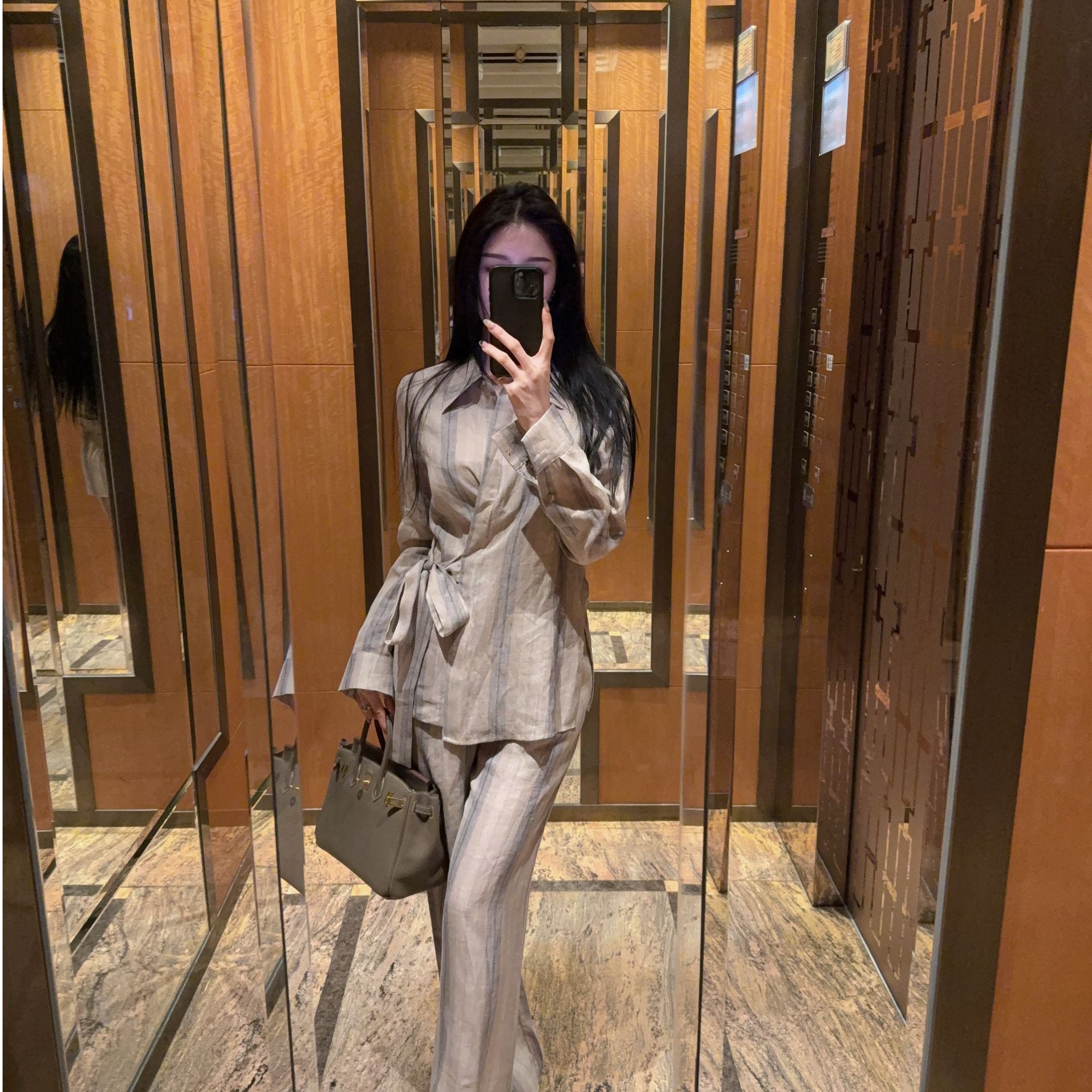 【未眠】2025春夏时尚休闲法式宽松长袖复古老钱风亚麻套装气质