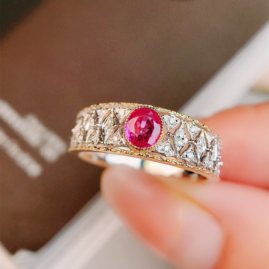 红宝石戒指/0.39ct天然红宝石18K金钻石附证#GA