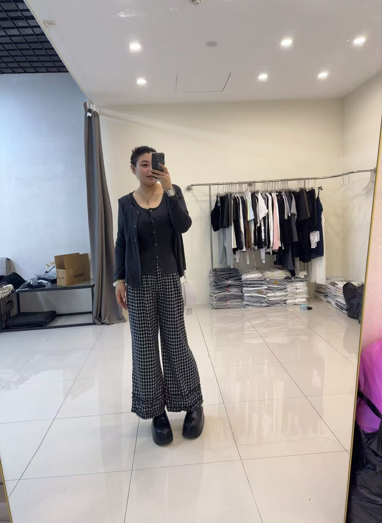 格子阔腿裤女2025秋季大码花边时尚流行高腰垂感九分直筒拖地裤子