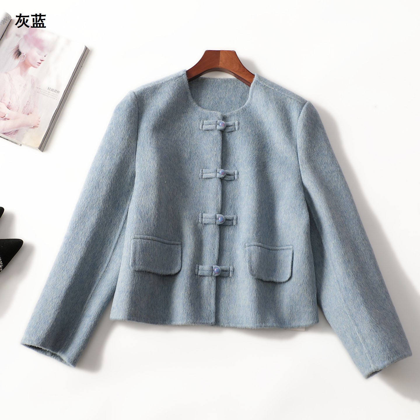 247461冬中长款长袖单排扣双面呢大衣外套