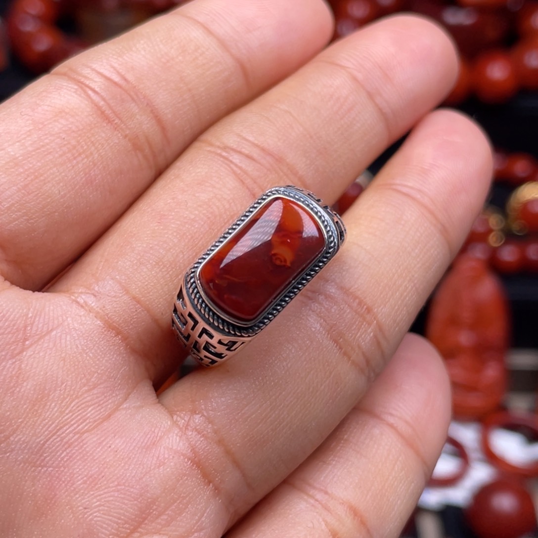南红玛瑙珠宝奇石银S925镶嵌戒指