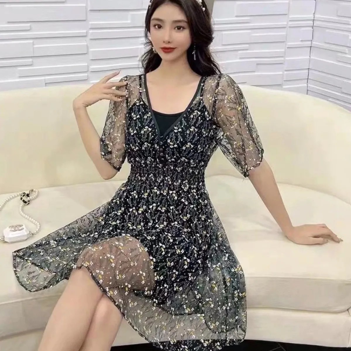 【H8F娟子优选A-1361]时尚黑色潮流夏季气质女士拼接短款