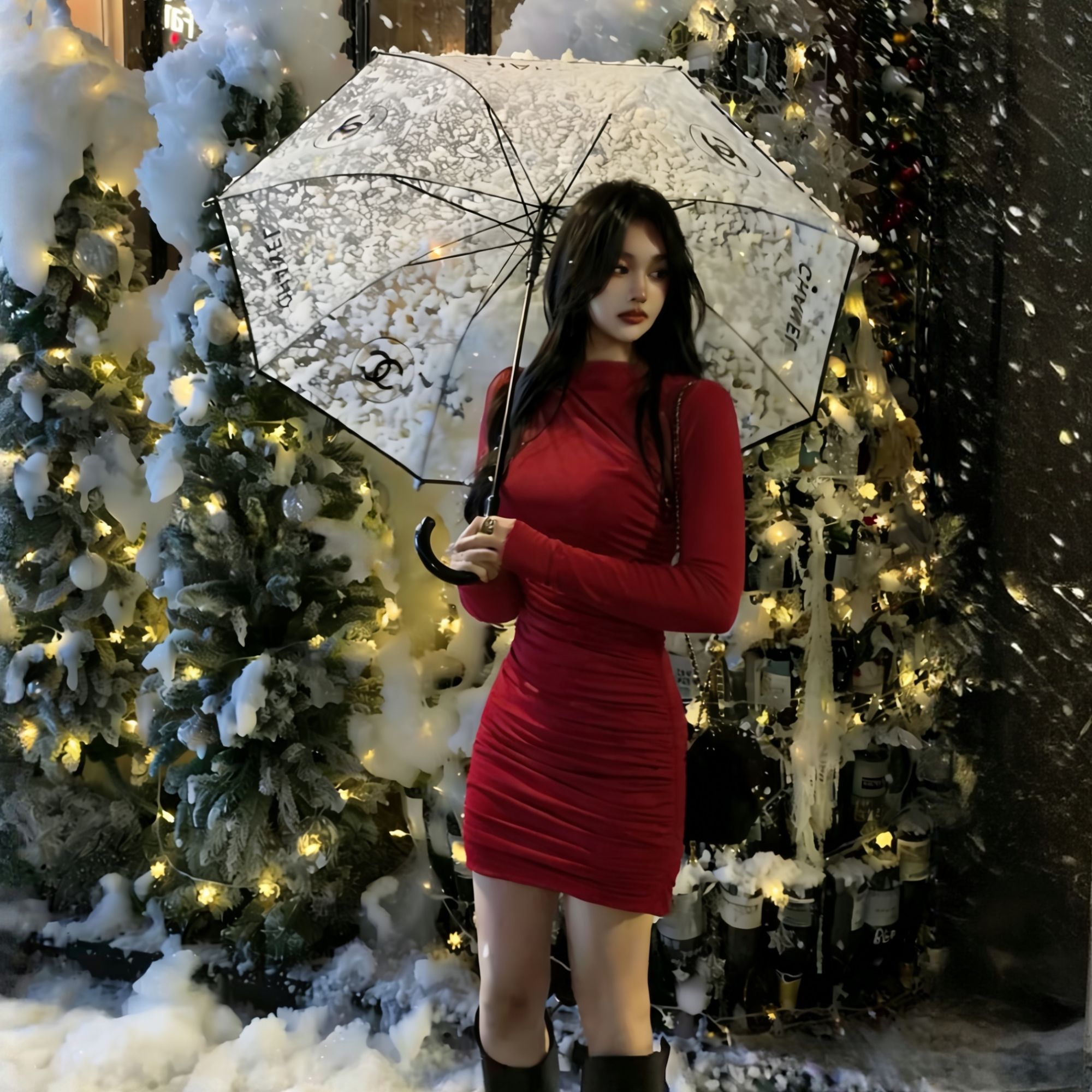 复古圣诞新年不规则褶皱包臀短裙秋冬加绒辣妹修身显瘦红色连衣裙