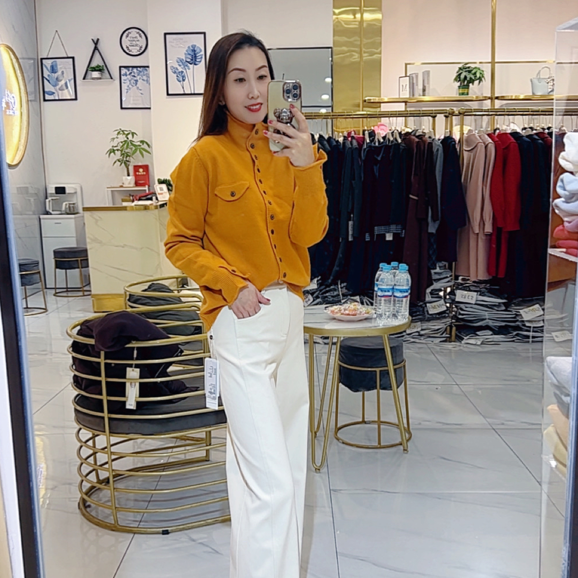 韩系高领口袋纽扣针织开衫秋冬宽松慵懒软糯毛衣外套气质上衣