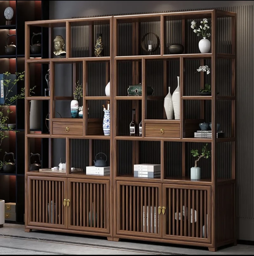 中抽新中式博古架实木多宝阁茶室茶叶置物架收纳实木展示柜隔断
