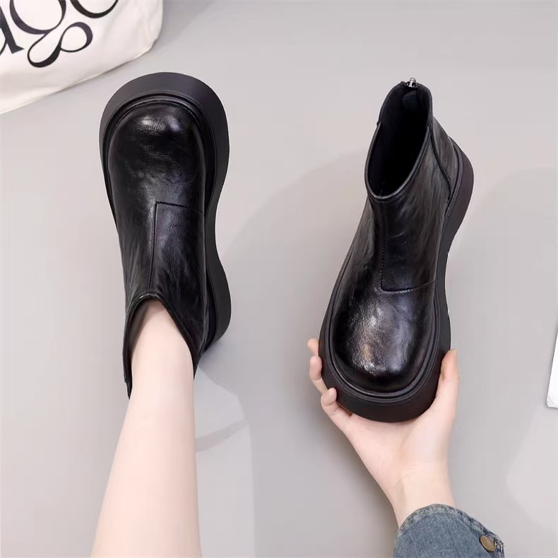 【万达撤柜仓】真皮厚底短靴女2025新款秋冬季增高加绒棉鞋马丁靴自