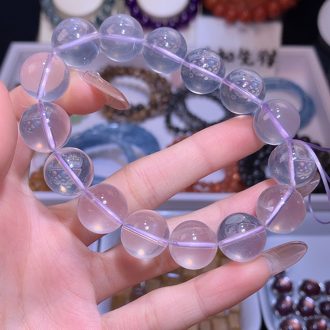 水晶手串未镶嵌莫粉六芒星光粉晶14mm