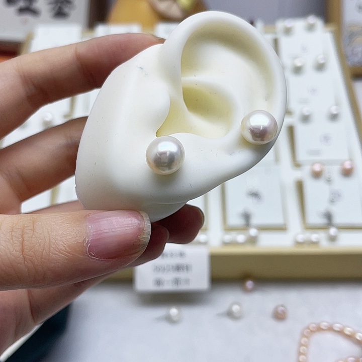 淡水珍珠耳饰银S925镶嵌豆*