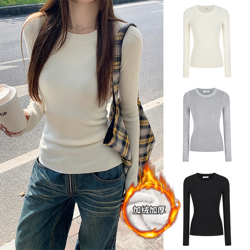 Moses Queen/魔西女王螺纹圆领正肩打底针织衫修身显瘦掐腰长袖