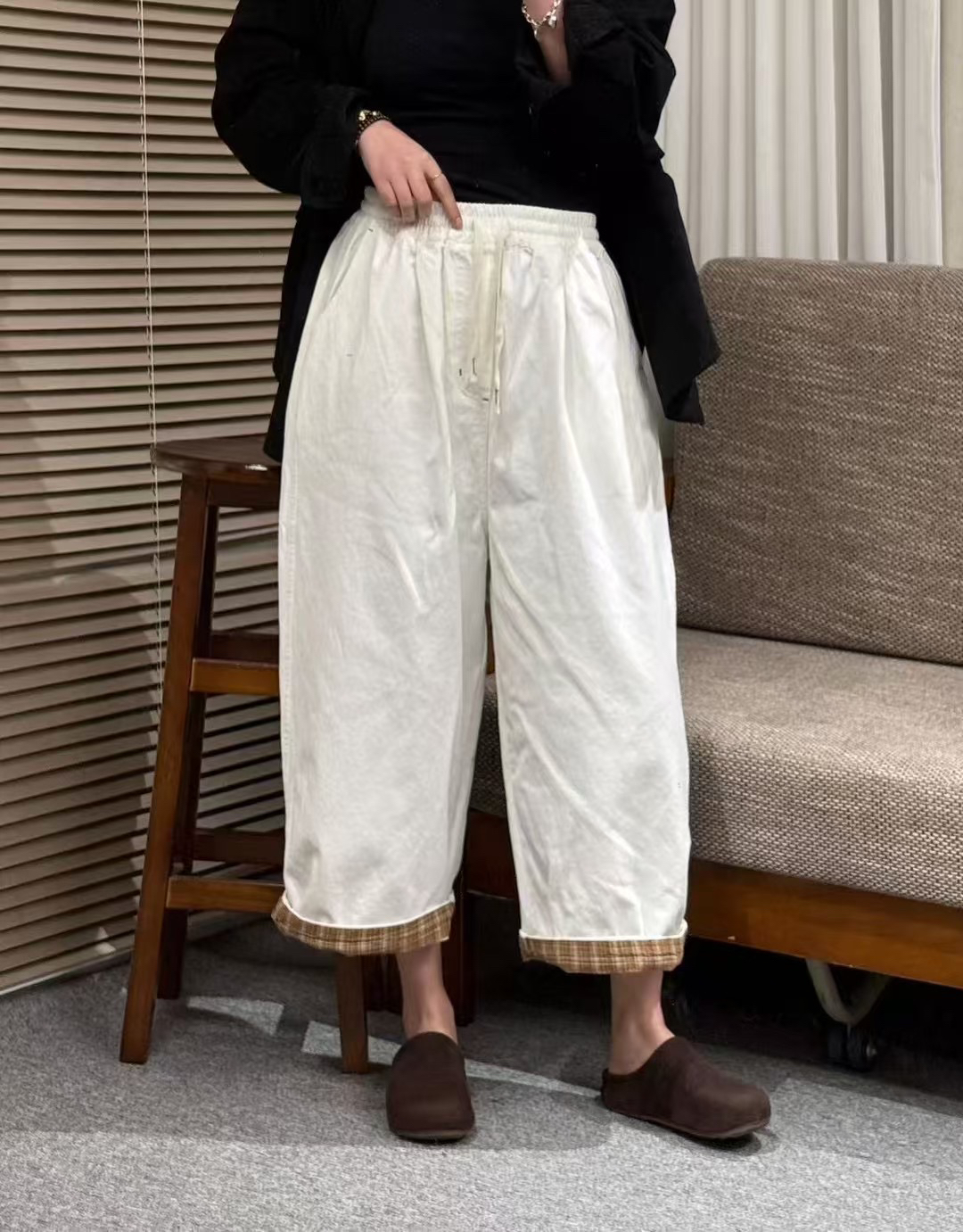 夏季时尚休闲格子拼接松紧腰设计文艺简约气质百直筒休闲裤