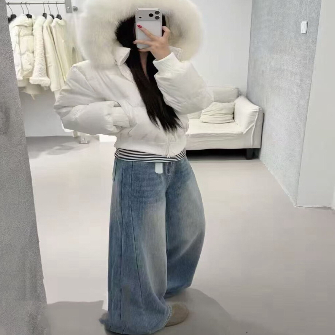 真子大毛领短款白鸭绒收腰女冬季小个子加厚保暖外套