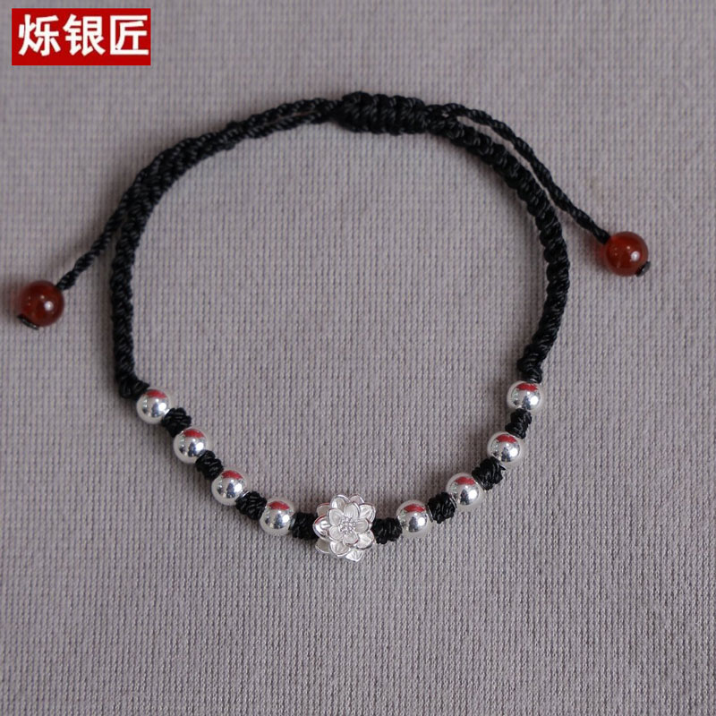 足银手链  纯银手链 足银999莲花新中式手工编绳气质清雅百搭