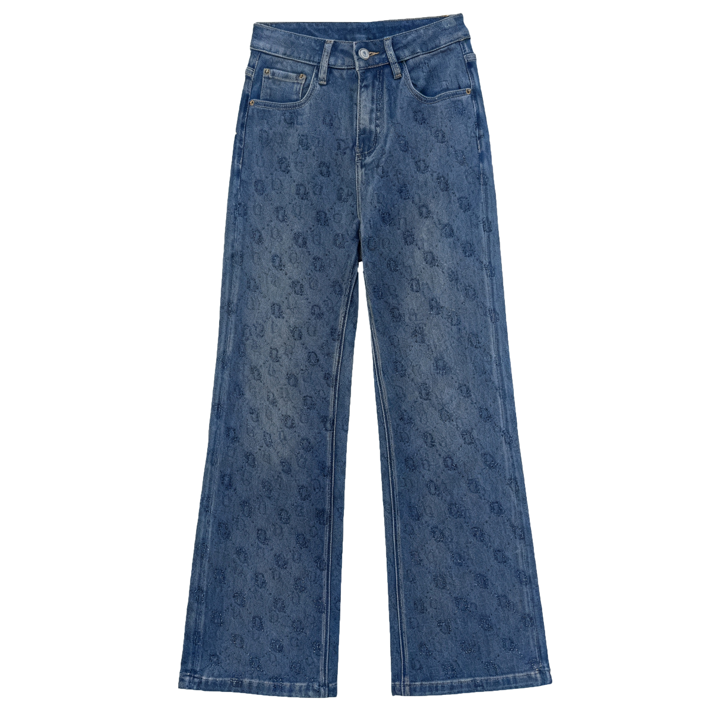 复古烫钻字母水洗牛仔直筒女裤