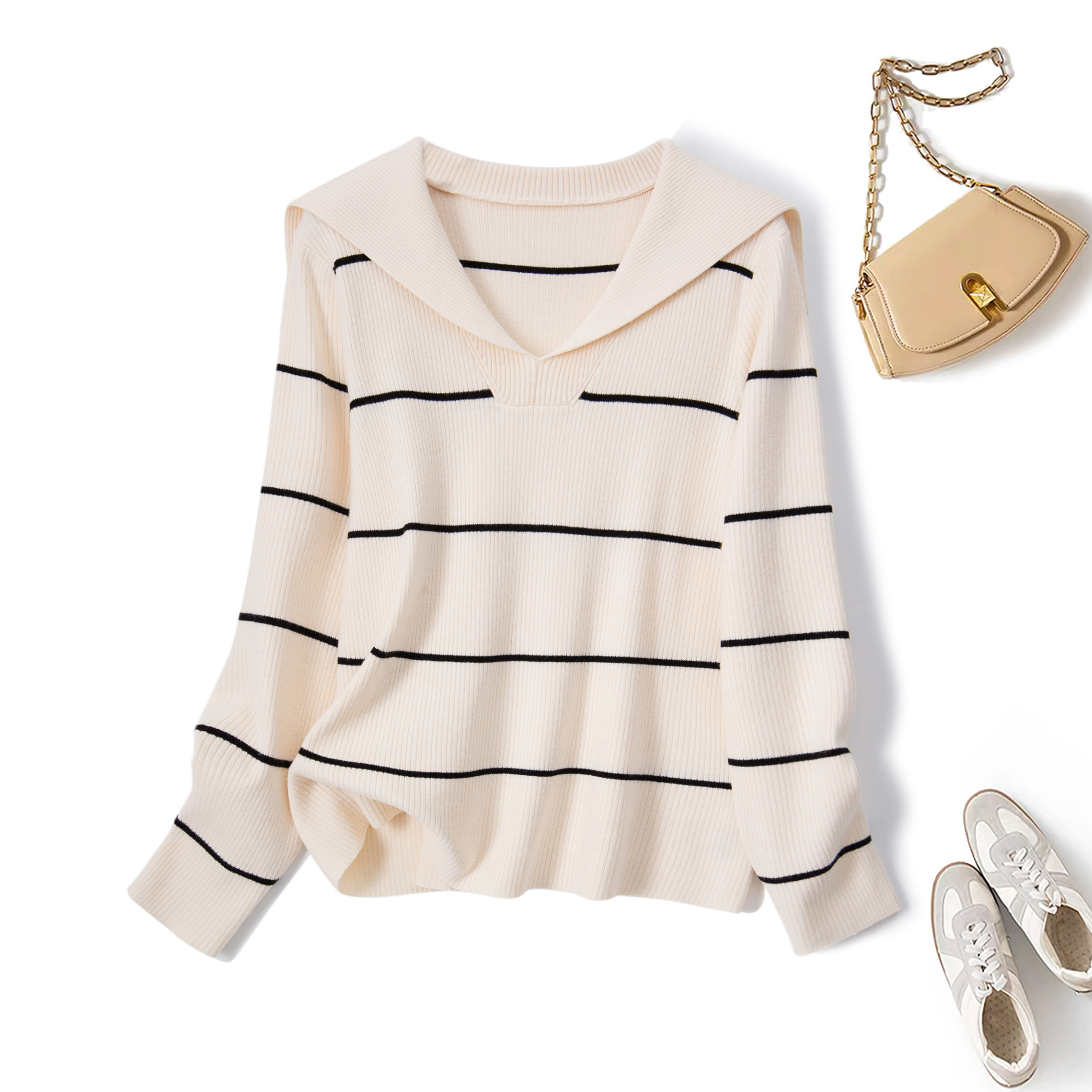 奥·邦奴 2025秋季韩系气质翻领条纹针织毛衣胖mm小个子百搭上衣
