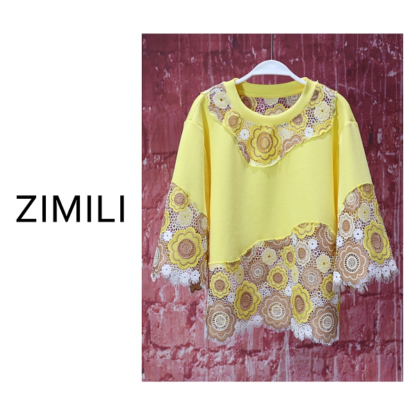 【亮哥女装】2025欧版设计师鹅黄色拼接勾花蕾丝气质短袖9156-C3