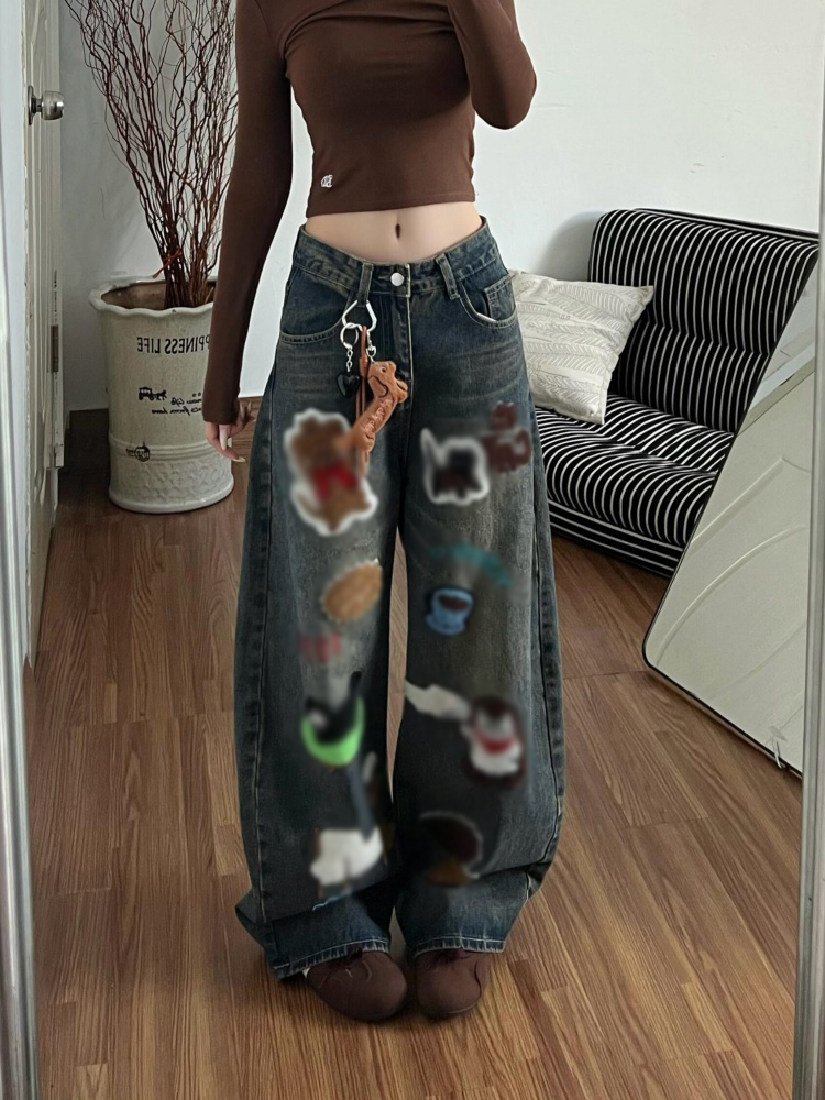 美式复古卡通小狗刺绣牛仔裤女冬季新款设计感高腰宽松弯刀阔腿裤