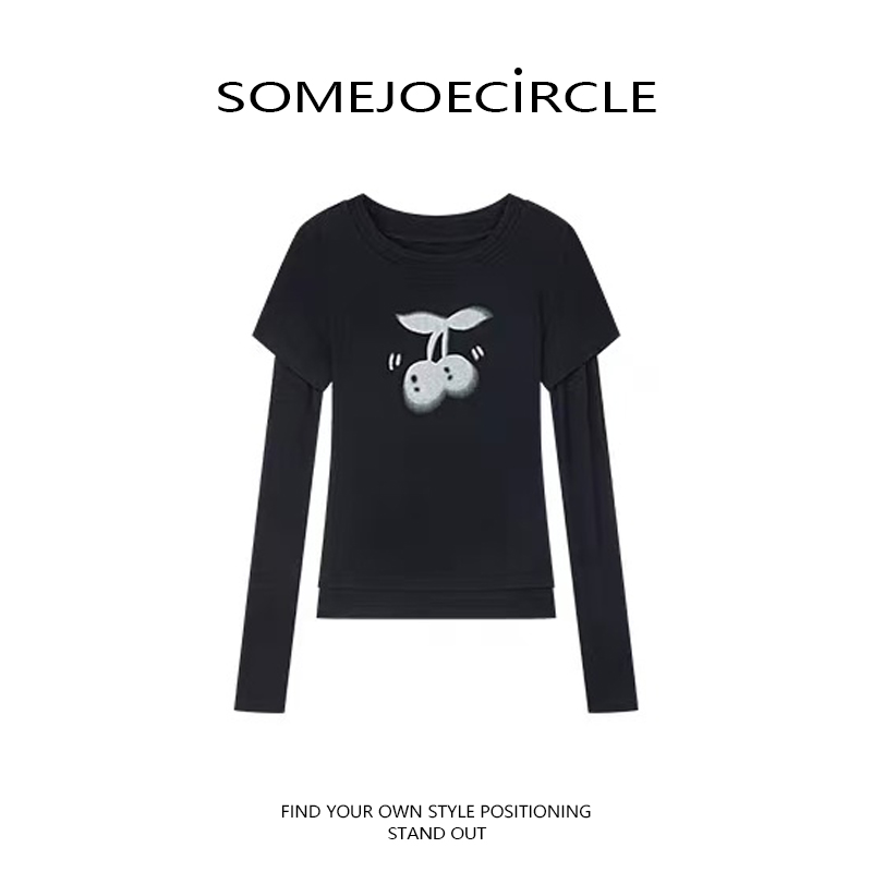 【DZ】SOMEJOECIRCLE【樱桃】新款动感樱桃绵羊毛假两件T恤上衣Z7484
