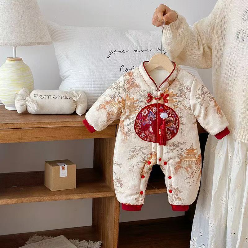 秋冬新中式国风福利园山水画宝宝必备加绒加棉哈衣