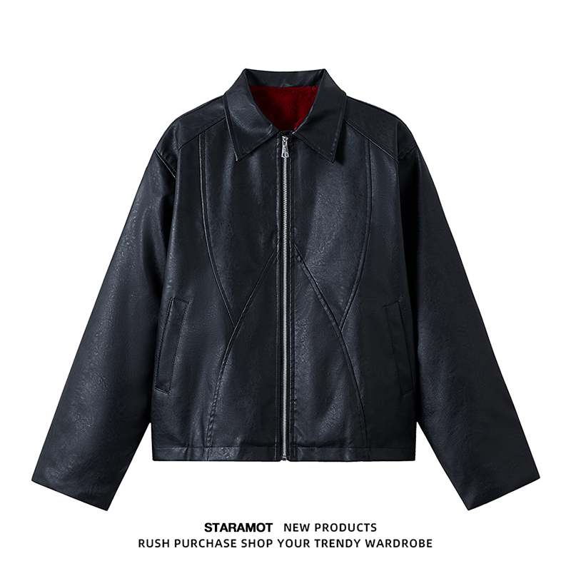 座山雕拉链解构加绒加厚保暖pu皮衣冬季美式高街痞帅机车上衣