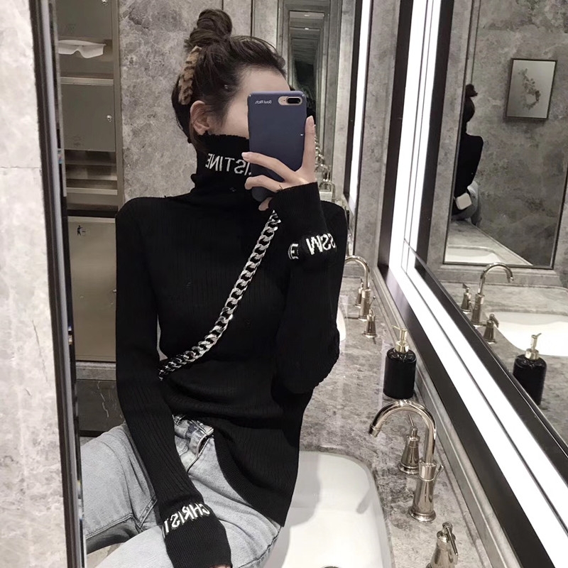 秋冬款内搭高领毛衣女黑色打底衫字母修身百搭毛线衣长袖针织上衣