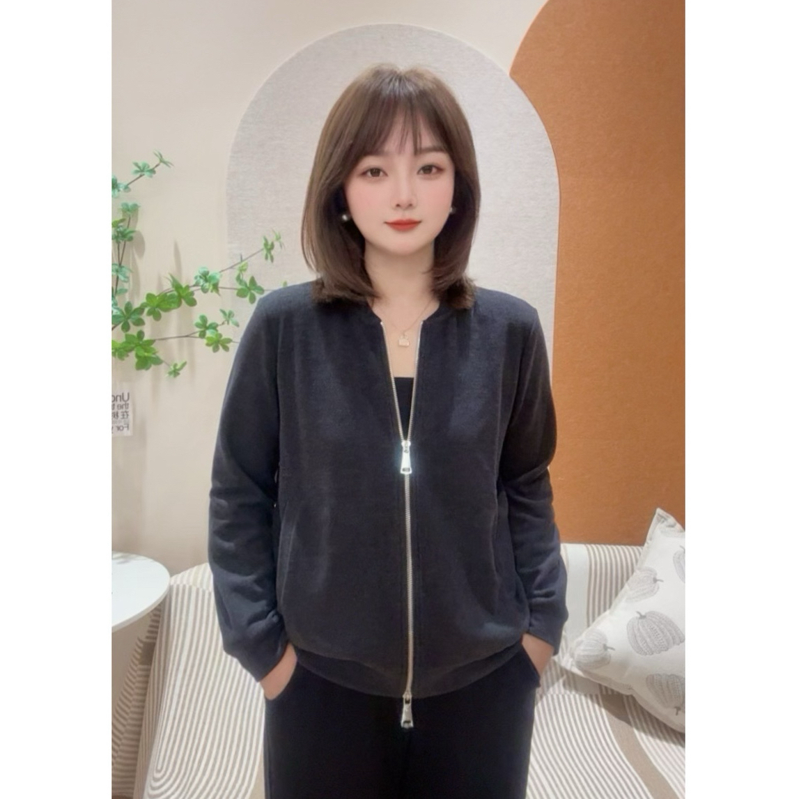 蜜豆女装秋冬澳绒棒球服双头拉链长袖保暖显瘦秋季纯色休闲短外套