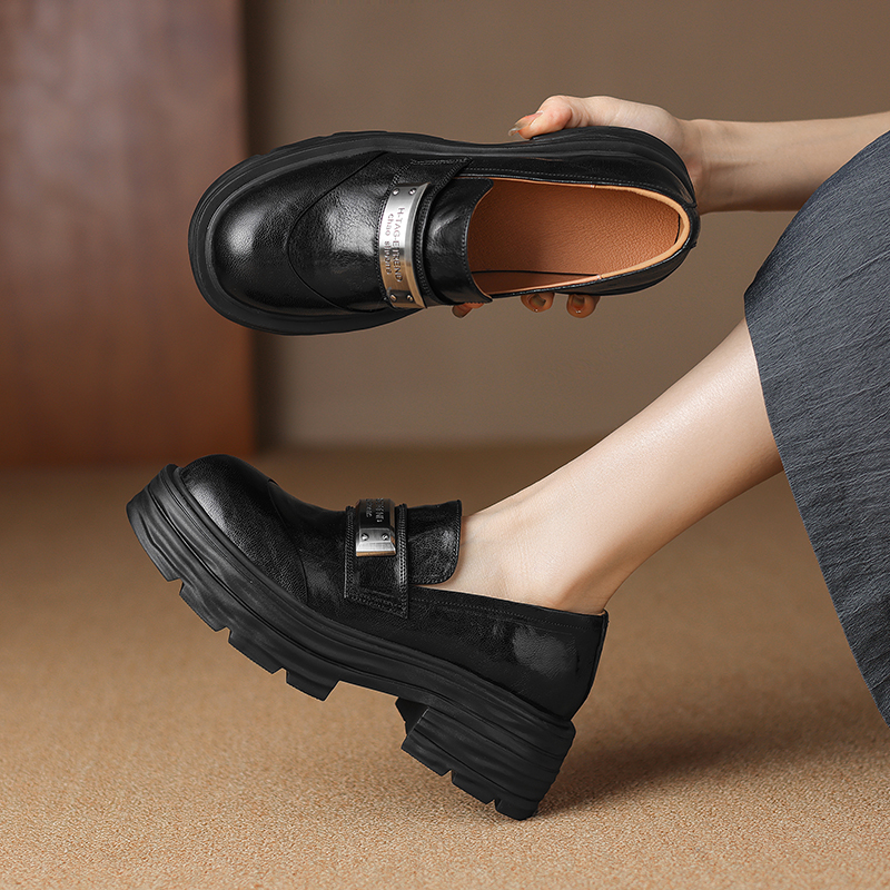 6厘米厚底乐福鞋女单鞋高跟头层羊皮圆头深口小皮鞋春秋2025新款