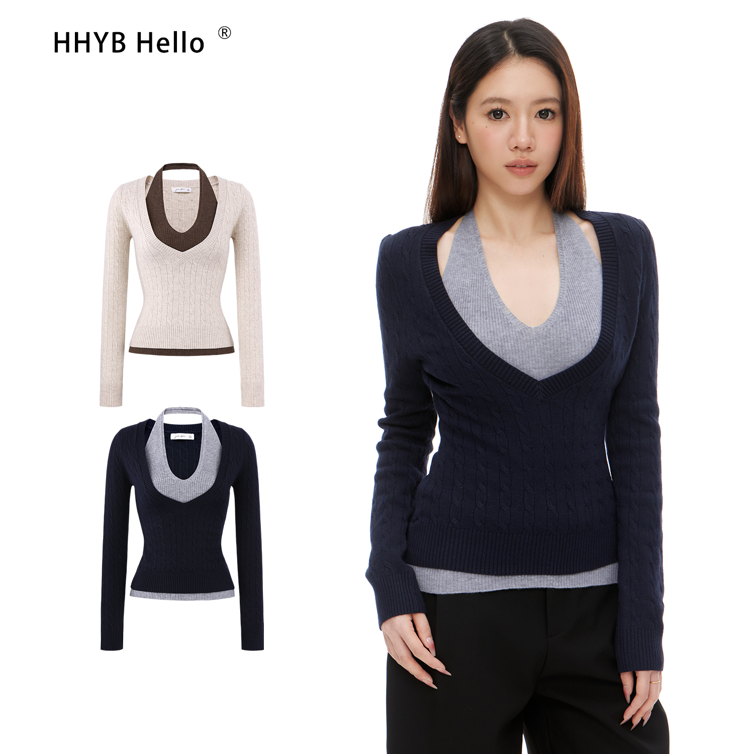 HHYB Hello撞色挂脖V领假两件修身针织衫女百搭打底衫上衣M1427